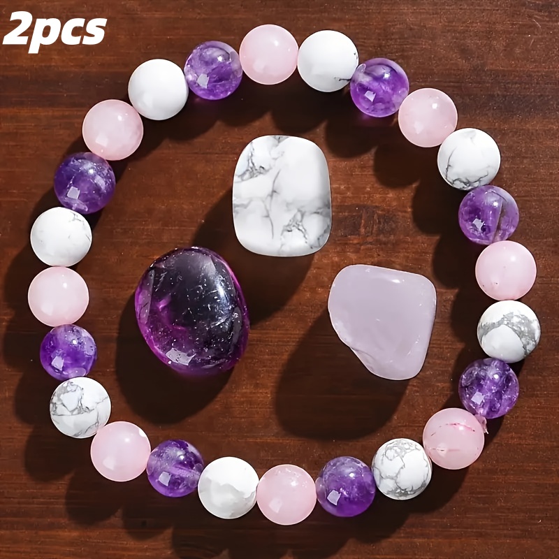 2pc Multicolor Natural Stone Halo Bracelet Set, Gift for Friends